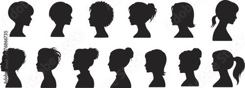 Set of thirteen female profile head silhouettes featuring diverse hairstyles and haircuts for beauty salon branding fashion illustrations and social media avatar design.