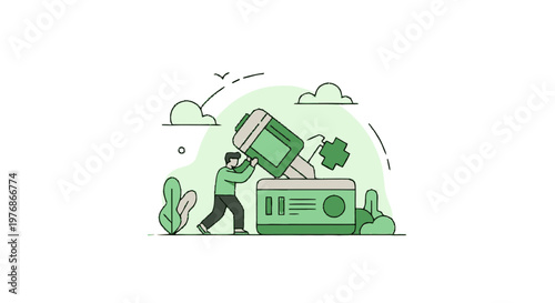 Man working on a machine with a green color scheme.