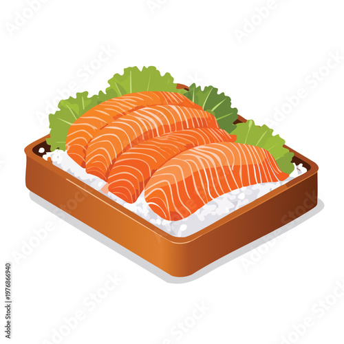 Fresh salmon sashimi slices on rice and lettuce in wooden tray