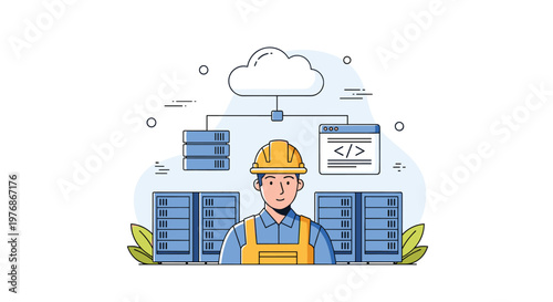 Professional it engineer wearing a yellow hard hat standing in front of server racks under a cloud computing icon and code window.