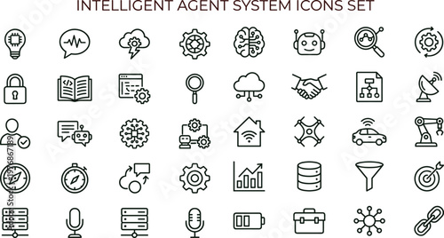 Intelligent agent system outline vector icon set for artificial intelligence automation dashboards analytics interfaces smart technology workflow applications