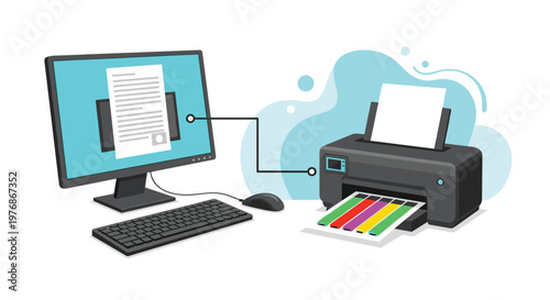 Desktop computer workstation connected to a modern inkjet printer producing a document with colorful bars on a clean office background scene.