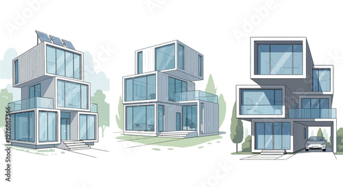 Modern Modular Shipping Container House Designs Set, Contemporary Sustainable Architecture Illustrations with Solar Panels and Glass Windows