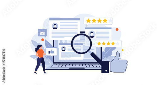 Customer feedback and online review concept with a woman looking at user profile ratings and stars on a laptop screen with a thumbs up icon.