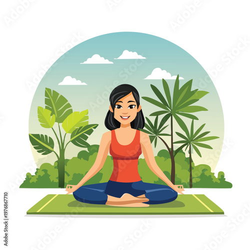 Woman meditating outdoors on yoga mat surrounded by plants and trees