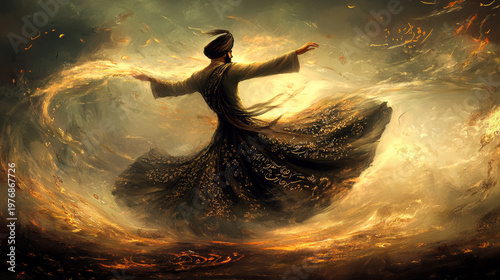 A stylized Sufi dervish dancing in the wind, deep spiritual connection concept