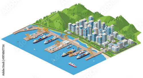 Isometric view of a busy shipping port with cargo ships docked next to a modern coastal city with skyscrapers and lush green hills landscape.