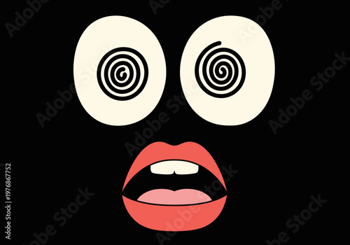 Hypnotized Minimalist Cartoon Face with Spiral Eyes and Shocked Open Mouth Expression