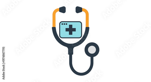 Flat Medical Icon Featuring a Stethoscope and Digital Health Record Screen for Telemedicine and Electronic Healthcare Technology
