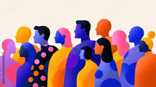 Diverse group of people in profile, vibrant colors, modern illustration style