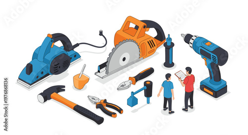 Collection of various power tools and hand tools including a circular saw and drill being inspected by two workers for a construction project.