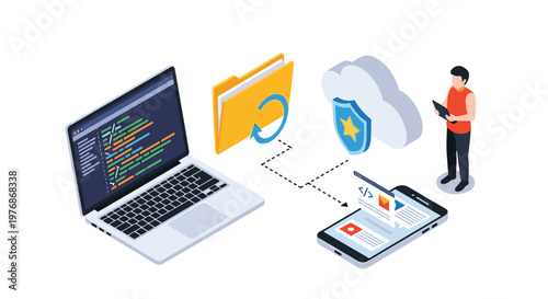 Data backup and cloud storage synchronization concept with a laptop showing code and a cloud icon with a shield and person using a digital tablet.