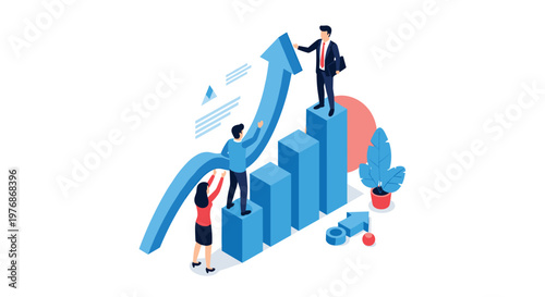 Financial success and business growth concept with three professionals climbing a set of blue bar charts following a large rising arrow upward.