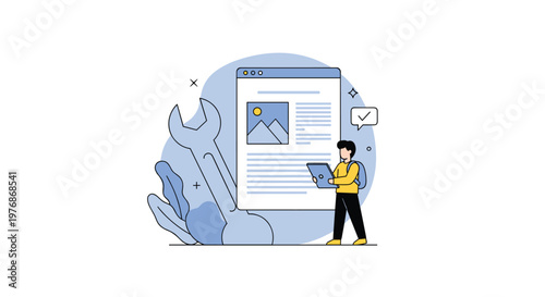 Website maintenance and page editing concept with a developer using a tablet in front of a web layout and a large blue wrench tool icon symbol.