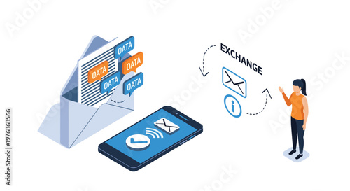 Data exchange and communication concept with a smartphone and a open envelope surrounded by data bubbles and a person explaining the process.