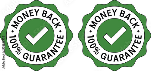 Two green and white money back guarantee seals on a white background