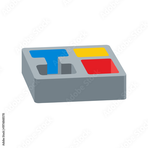 Industrial storage box with colored compartments for sorting small parts and tools including blue yellow and red sections organized in grey plastic container for workshop or warehouse management.