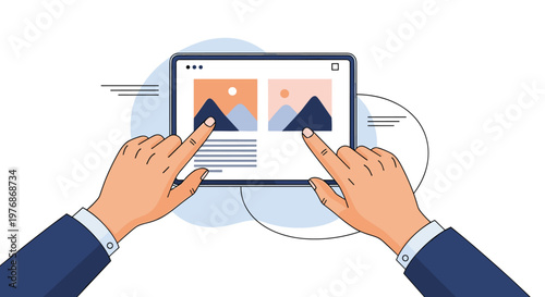 Tablet computer with two hands using touch gestures to browse and interact with a website layout featuring landscape photographs and text.