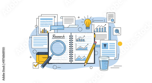 Detailed business research and data study concept with an open notebook surrounded by financial charts and a magnifying glass and office supplies.