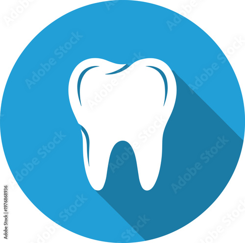 Professional Dental Healthcare Icon with a White Human Tooth Flat Graphic Design and Long Shadow Effect on a Blue Circular Background for Medical Dentistry
