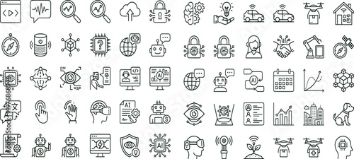 Artificial intelligence automation technology outline vector icon set for smart systems analytics robotics dashboards interfaces and digital innovation applications