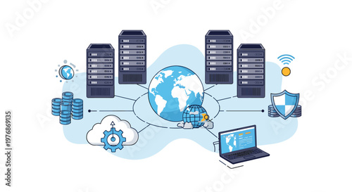 Global data center and network infrastructure concept with multiple server towers connected to a central world map and cloud computing symbols.