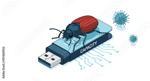 Computer bug and viral threats on a USB flash drive illustrate cybersecurity risks and malware infections in digital storage.