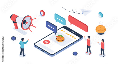 Mobile food ordering and restaurant marketing campaign shown with a high rating on a smartphone and promotional tools.