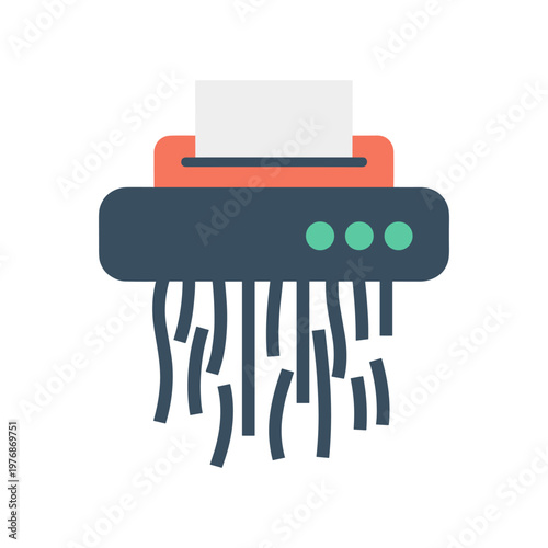 Paper shredder machine illustration showing data destruction process for office security and privacy protection isolated on white vector file for business presentations and technology graphics.