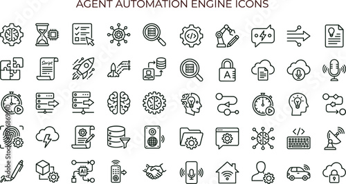 Agent automation engine outline vector icon set featuring artificial intelligence workflow integration analytics cloud security digital business technology tools