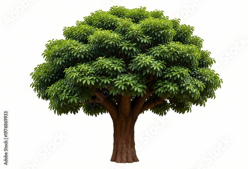 a lush green leafy tree with a dense rounded canopy and strong textured trunk standing isolated on a clean white background representing nature growth and serenity