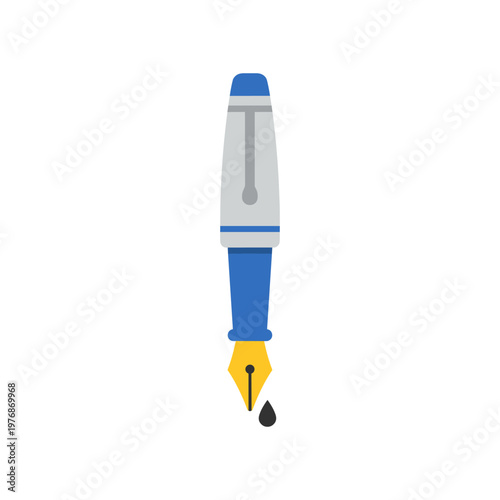 A classic fountain pen with a blue barrel and a golden nib dripping black ink symbolizing writing creativity and traditional communication methods.