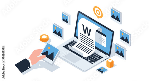Digital content creation and document editing featuring a laptop and various photographic image files for publication.
