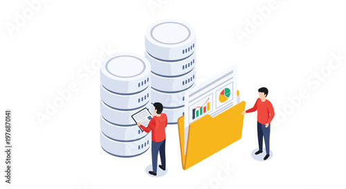 Large-scale data center management and information storage featuring technicians organizing file folders near server banks.