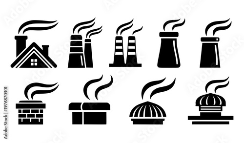 Chimney smoke icon set black vector fireplace and industrial stack silhouette isolated on white