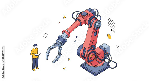 Collaborative industrial automation featuring a large robotic arm being programmed and monitored by a skilled technician.