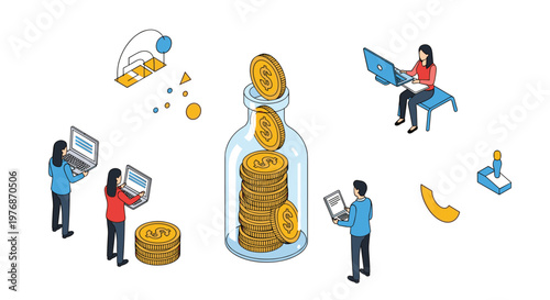 Financial crowdfunding and online savings accumulation concept showing people contributing money to a shared goal.