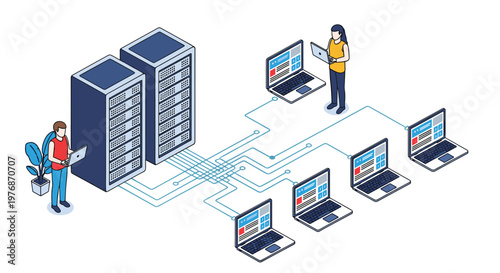 Isometric data center network illustration showing IT professionals managing large server racks connected to multiple laptop devices.