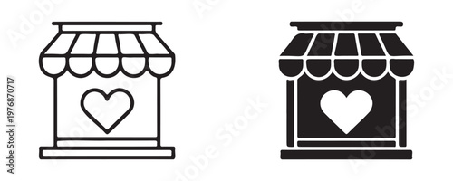 Black and white shop storefront vector icon with striped awning and heart window display on transparent grid.