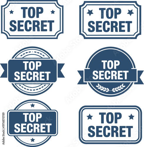 A collection of top secret stamps and labels on a white background