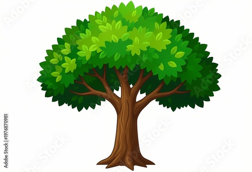 a lush green leafy tree with a dense rounded canopy and strong textured trunk standing isolated on a clean white background representing nature growth and serenity