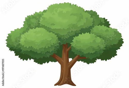 a lush green leafy tree with a dense rounded canopy and strong textured trunk standing isolated on a clean white background representing nature growth and serenity