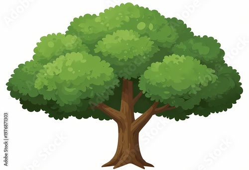 a lush green leafy tree with a dense rounded canopy and strong textured trunk standing isolated on a clean white background representing nature growth and serenity