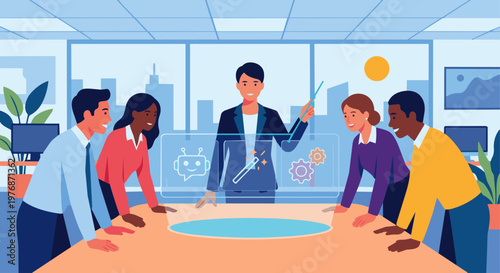 A flat vector image showing an AI Enablement Lead standing at the center of a growing tree. The leaves of the tree are diverse icons representing different departments