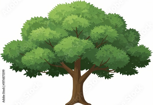 a lush green leafy tree with a dense rounded canopy and strong textured trunk standing isolated on a clean white background representing nature growth and serenity