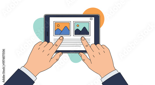 User interface design and digital content browsing concept with hands interacting with images on a tablet device.