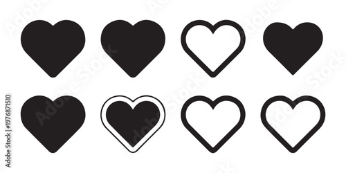Eight black heart shapes solid and outline isolated vector illustration for design on transparent background.