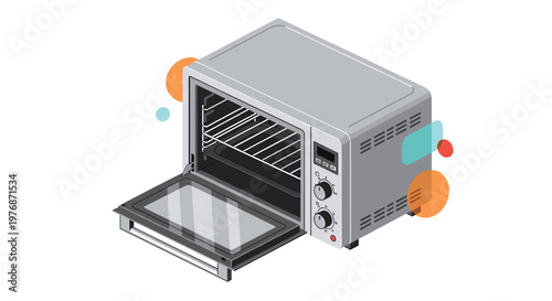 Modern household appliance illustration featuring an open electric countertop oven for baking and cooking food.