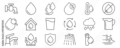 Water line editable icon set. Containing water, drop, rain, glass of water, shower, drinking water and more. Editable stroke. Vector illustration