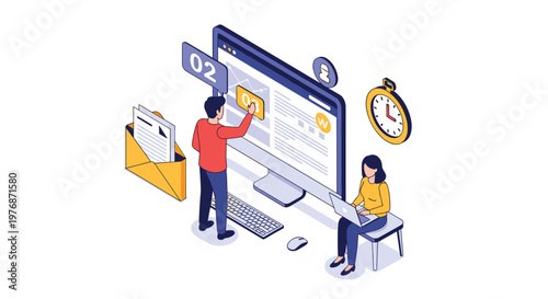 Workplace productivity and project management concept showing people collaborating at a computer with deadline icons.